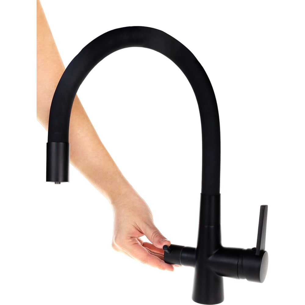 Изображение товара Двухвентильный смеситель для кухни MPF гибкий излив с фильтром для воды (Чёрный цвет, материал: латунь, силикон, сталь) ТД.030906