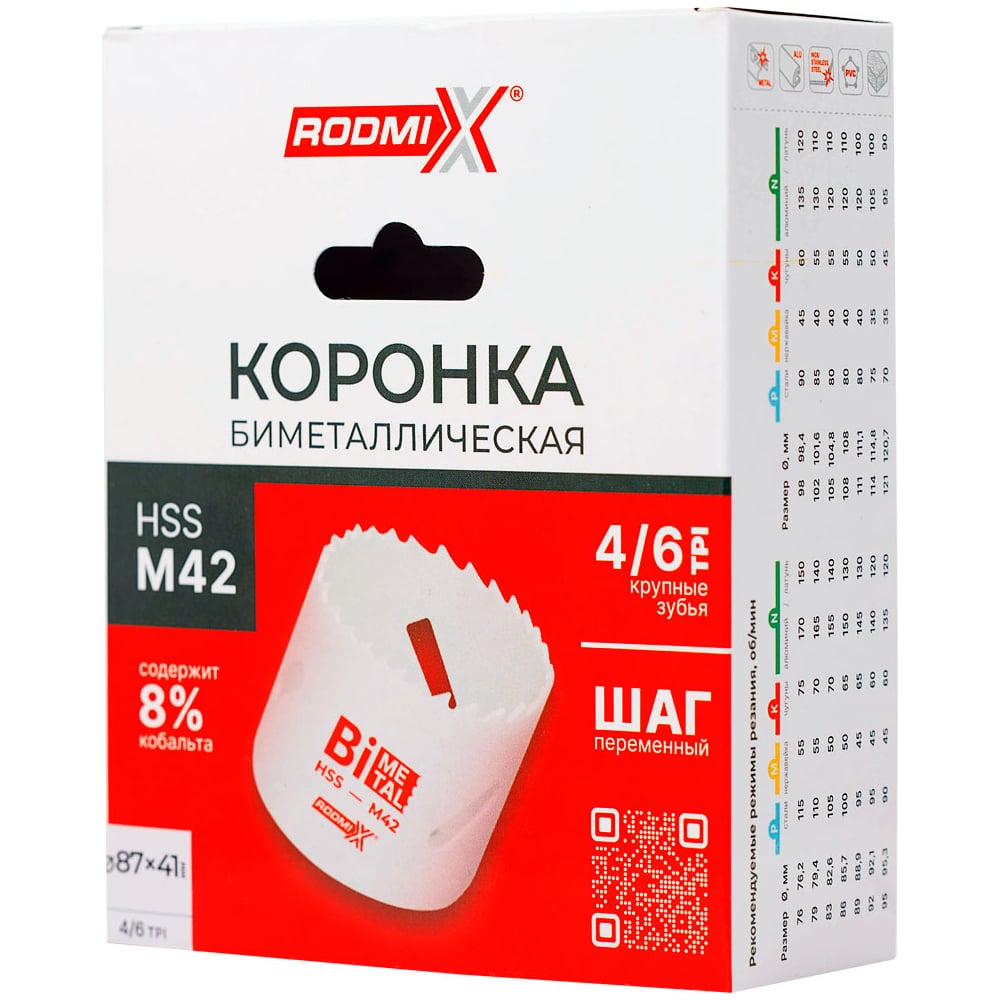Коронка биметаллическая RODMIX HSS M42, 4/6 TPI, переменный шаг 91х41 мм 31040609141
