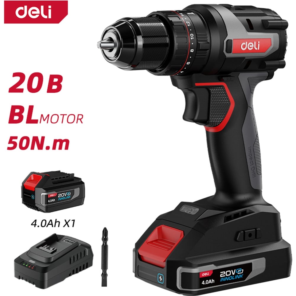 Изображение товара Дели DE-CZ20-2A4: 20В 4Ач ударный шуруповерт, бесщеточный