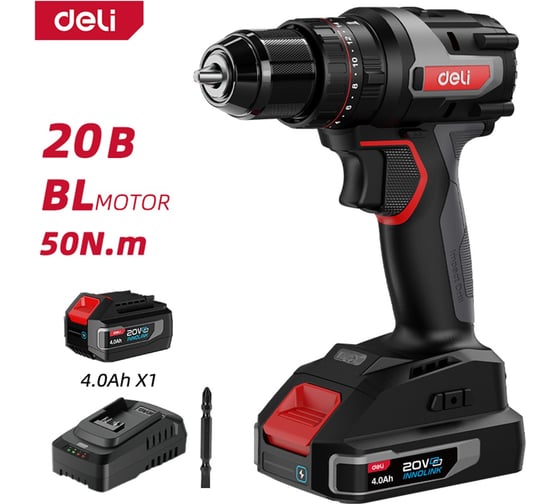 Изображение товара Профессиональный бесщеточный ударный шуруповерт DELI DE-CZ20-2A4 (1 АКБ, 4Ач х 20В +ЗУ, 10мм, 50Нм, сумка) 168693