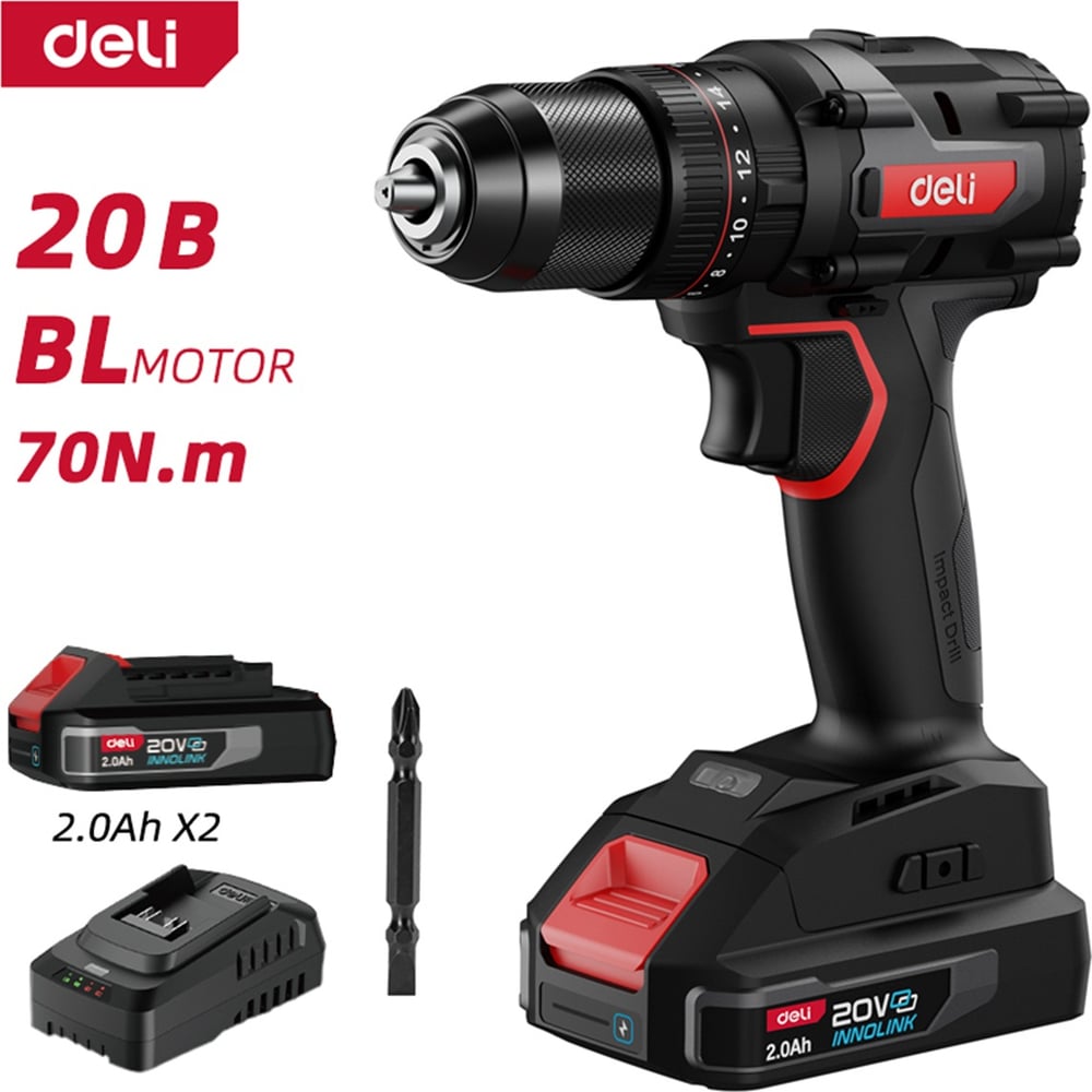 Изображение товара DELI DE-CZ20-1D2: бесщеточный шуруповёрт 20В, 2x2Ач, 70Нм