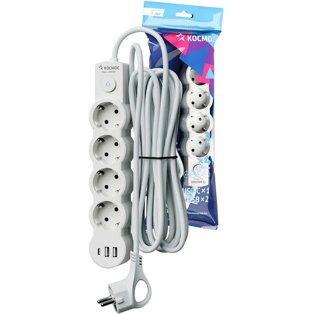 Изображение товара Удлинитель КОСМОС 3м, ПВС 3х1, 4 гнезда, заземление, выкл, USB, 10А 2500Вт, белый YKsm3m4g-Z-VU10A-W