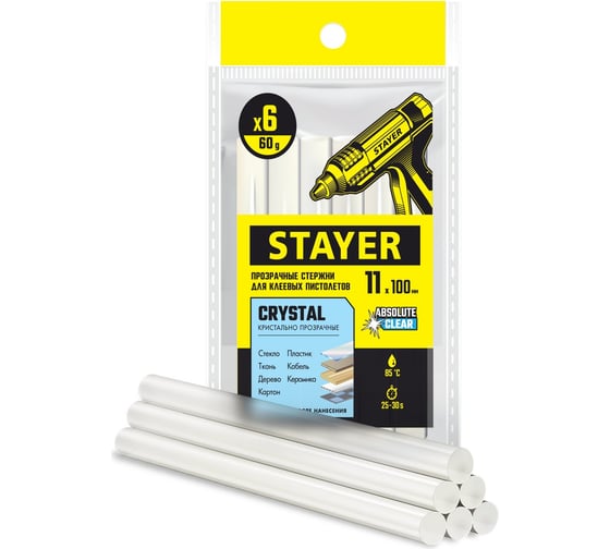 Изображение товара Стержни клеевые прозрачные, универсальные 11х100 мм, 6 шт, STAYER Professional Cristal 0682-H6