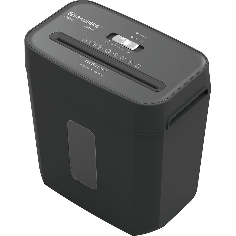 Изображение товара Уничтожитель (шредер) BRAUBERG OF-812X, карты, скобы, 4 секретн., 4х35мм, 8 листов, 12л, 533141