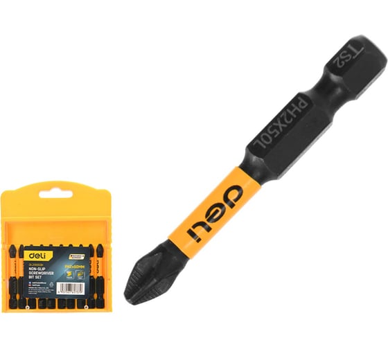 Изображение товара Набор торсионных бит DELI PH2, 50мм с противоскользящими насечками 10шт DL251050K (сталь S2, пласт.кейс) 220437