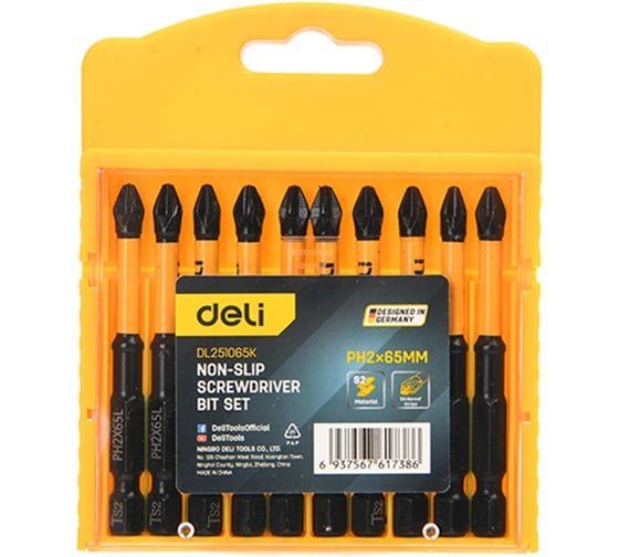 Изображение товара Набор торсионных бит DELI PH2, 65мм с противоскользящими насечками 10шт DL251065K (сталь S2, пласт.кейс) 220438
