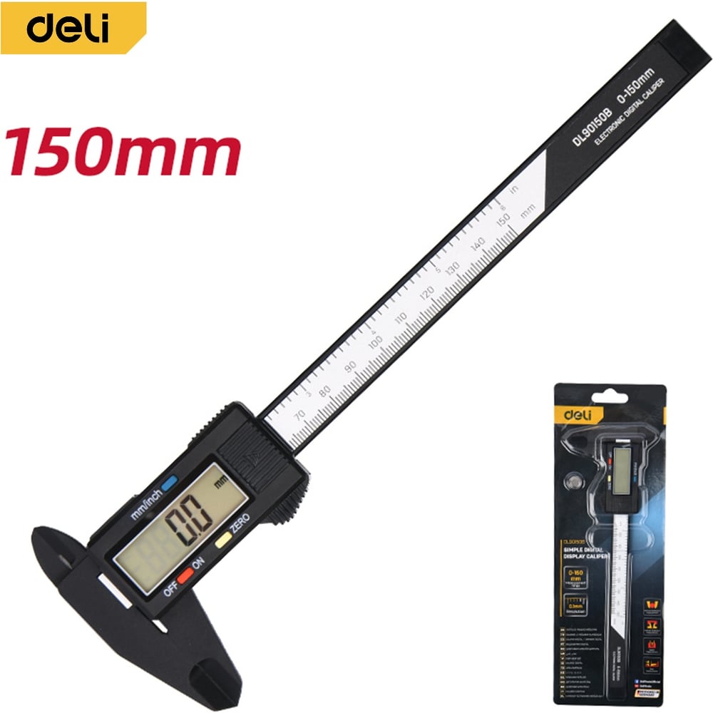 Изображение товара Электронный штангенциркуль DELI 150 мм DL90150B (метр/дюйм, пластик, LCD дисплей) 225707
