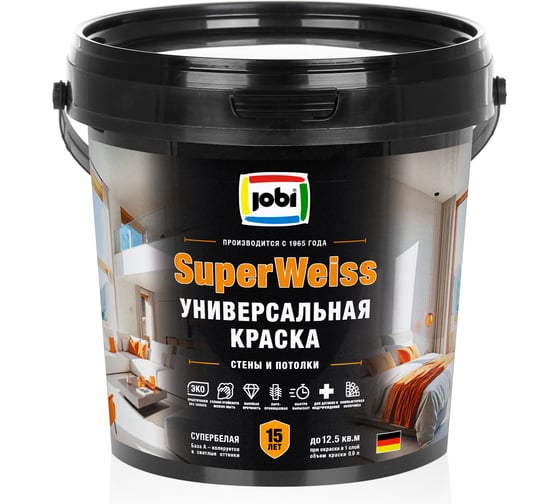 Изображение товара Краска интерьерная высокоукрывистая супербелая JOBI SuperWeiss 0,9 л 36396