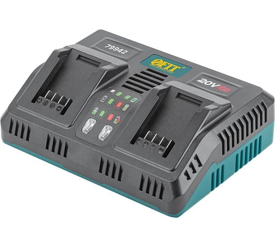 Изображение товара Зарядное устройство двойное FIT 21,5 В, 4,5 А, 0,8 кг, индикатор заряда, коробка 79942