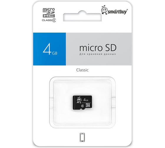 Изображение товара Micro SDHC карта памяти 4GB Class 4, без адаптеров Smartbuy SB4GBSDCL4-00