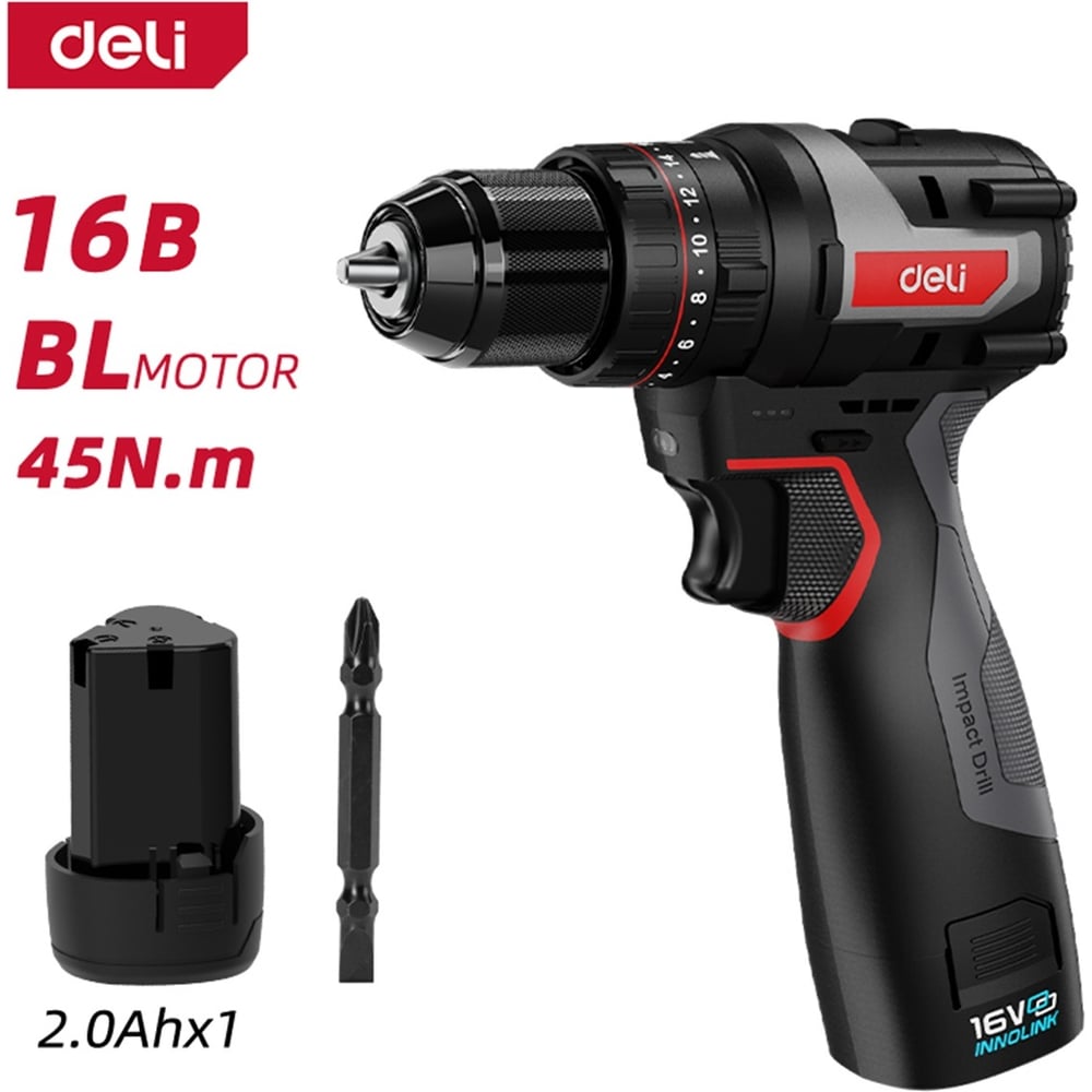 Изображение товара Профессиональный бесщеточный ударный шуруповерт DELI DE-CZ16-1A2 (1 АКБ, 16В х2 Ач + ЗУ, 45Нм, сумка) 168689