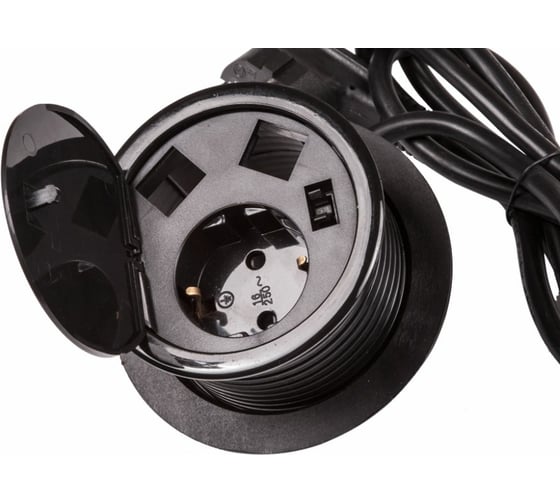 Изображение товара Лючок в стол LANMASTER на два кейстоуна + одна розетка со шнуром 1.8 м, черный LAN-WA-MCTA-2OK+G