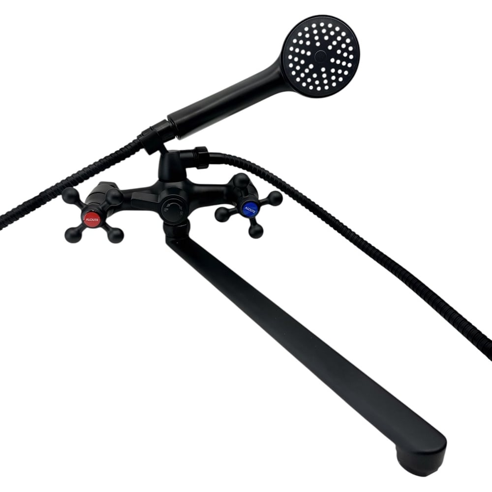 Изображение товара Смеситель для ванны ALOUTE черный, двухручковый кранбукса 90 градусов, излив 35 см A6183H