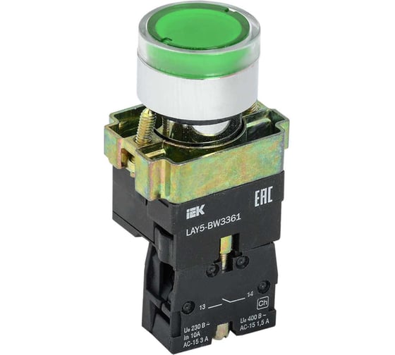 Изображение товара Кнопка управления IEK LAY5-BW3361 с подсветкой зеленый 1NO BBT50-BW-K06
