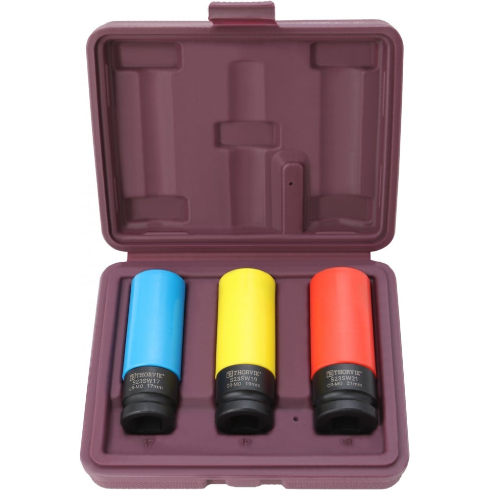 Изображение товара Набор головок торцевых ударных глубоких Thorvik S23SW3S 1/2DR для легкосплавных колесных дисков, 17, 19т, 21 мм, 3 предмета 054465
