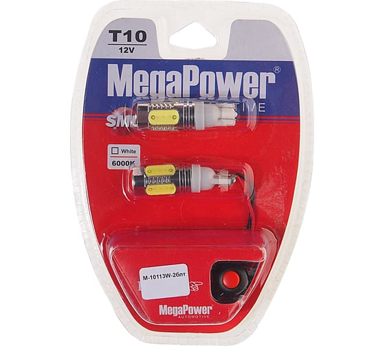 Изображение товара Автолампа T10W W2,1x9,5d WHITE, блистер с тестером, 2 шт., 12V Megapower M-10113W-2блт 998593