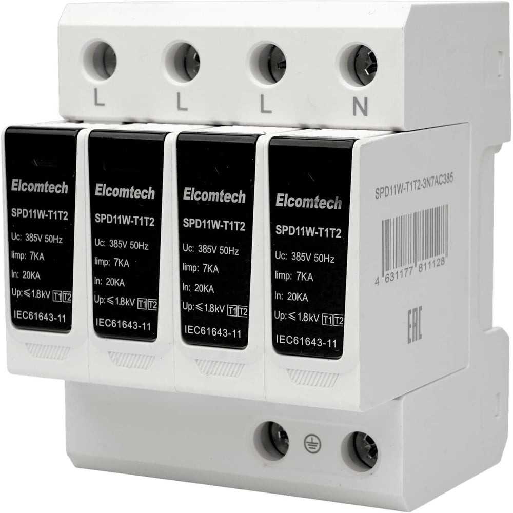 Изображение товара [Устройство защиты] ELCOMTECH SPD11W-T1T2-3N7AC385 УТ-00039242 4-полюсная защита 50kA