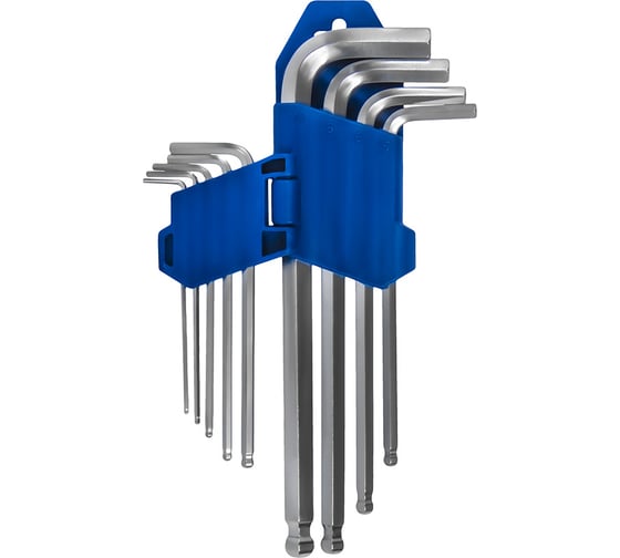 Изображение товара Набор ключей угловых удлинённых шестигранных КОБАЛЬТ: 1.5, 2, 2.5, 3, 4, 5, 6, 8, 10 мм, с шаром, CR-V, на подвесе 924-023