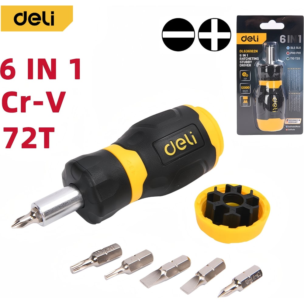 Изображение товара Отвертка с трещоткой с набором бит 6-в-1 DELI DL636182N Cr-V сталь, биты SL5,SL6,PH0,PH1,T10,T20, трещотка 72 зуба 225426