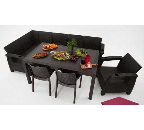 Изображение товара Комплект садовой мебели WORKY HomlyGreen 5+1+2 стула+обеденный стол 153×79 см, с комплектом бордовых подушек ARD259393