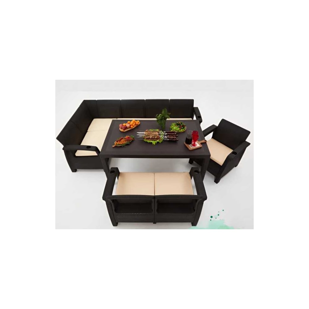 Изображение товара Комплект садовой мебели WORKY HomlyGreen 5+2+1+обеденный стол 153×79 см, с комплектом серых подушек ARD259345