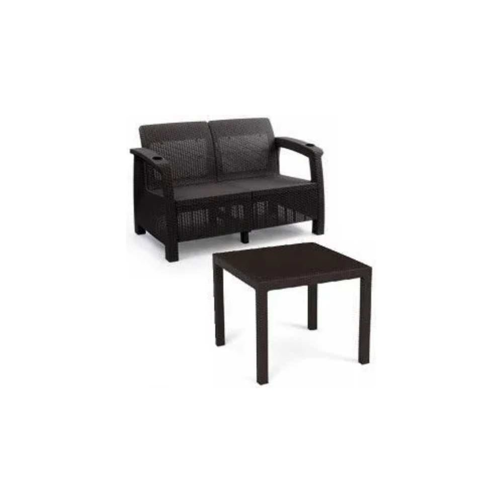 Изображение товара Комплект садовой мебели WORKY HomlyGreen (2-местный диван + стол 94×94×74 см), мокко, темно-синие подушки ARD259260