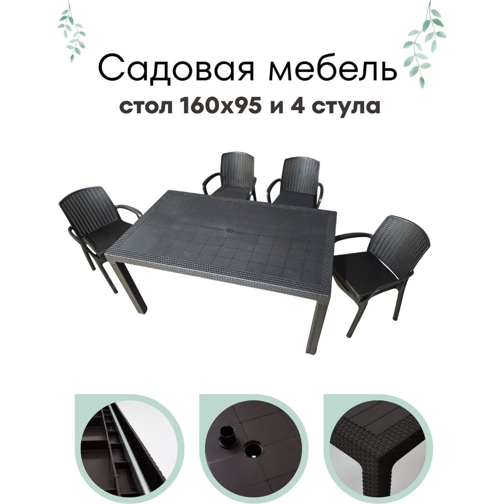 Изображение товара Садовая мебель HomlyGreen комплект стол большой прямоугольный на 4 персоны 153х79х70, 4 стула, цвет венге, с коричневыми подушками WORKY ARD260437