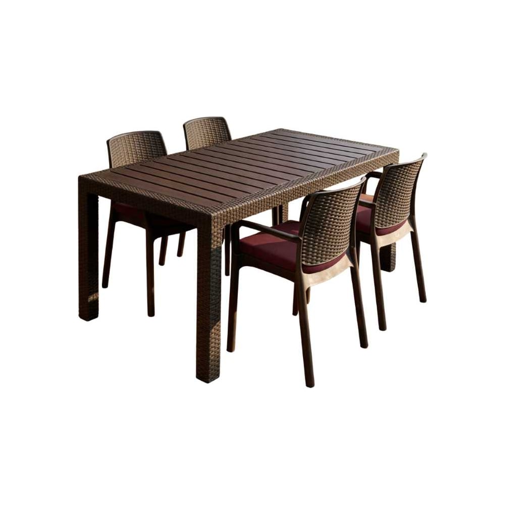 Изображение товара Комплект садовой мебели WORKY HomlyGreen, большой стол 153×79×70 см, 4 стула, цвет мокко, с бордовыми подушками ARD260453
