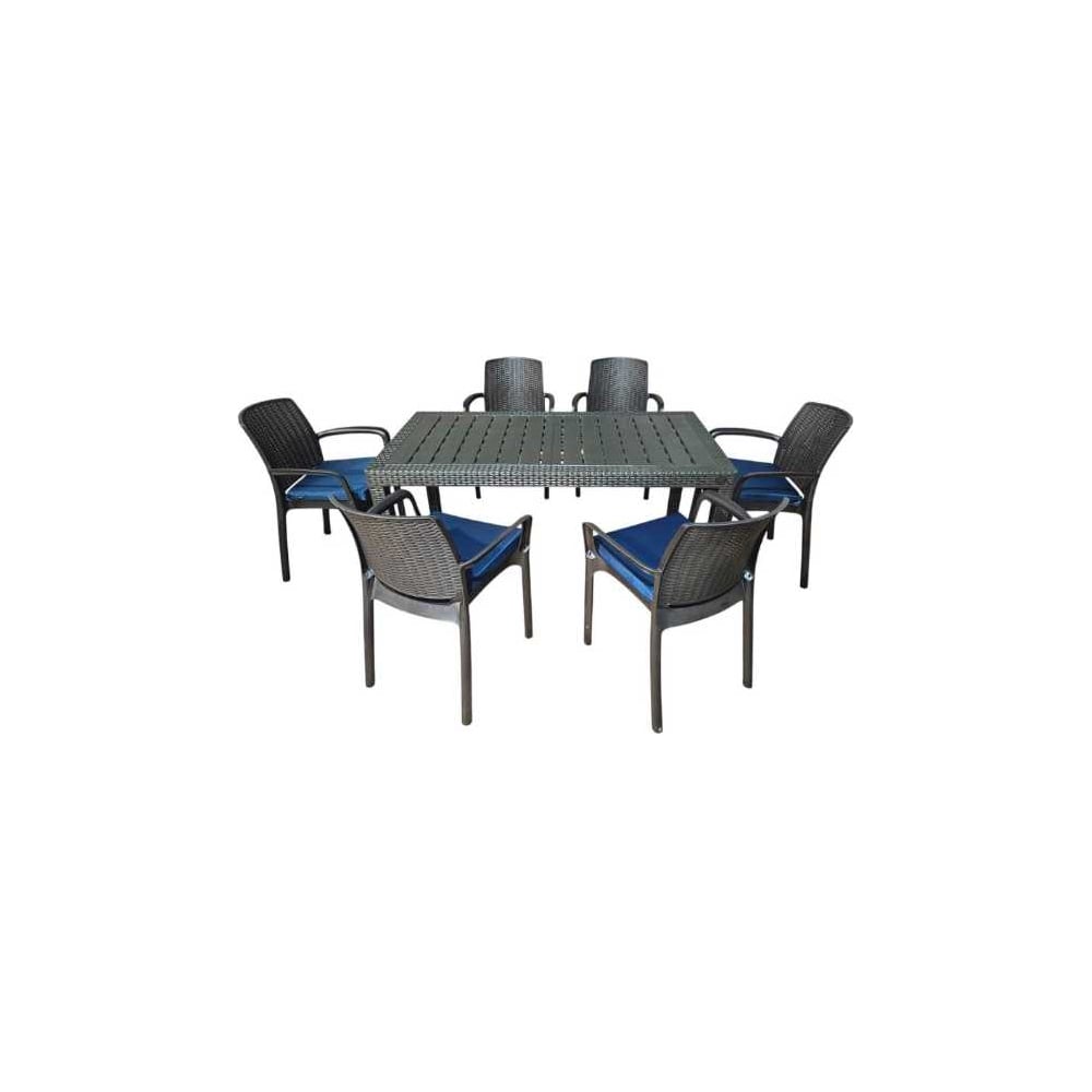 Изображение товара Комплект садовой мебели WORKY HomlyGreen, большой стол 153×79×70 см, 6 стульев, цвет мокко, с темно-синими подушками ARD260458