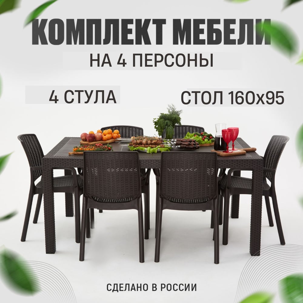 Изображение товара Садовая мебель. Набор HomlyGreen стол большой прямоугольный на 4 персоны 153х79х70, 4 стула, цвет венге WORKY ARD258885