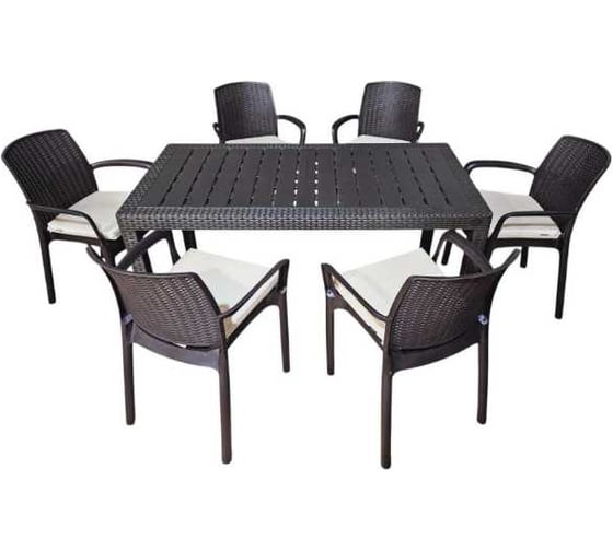 Изображение товара Комплект садовой мебели WORKY HomlyGreen, большой стол 153×79×70 см, 6 стульев, цвет мокко, с бежевыми подушками ARD260454