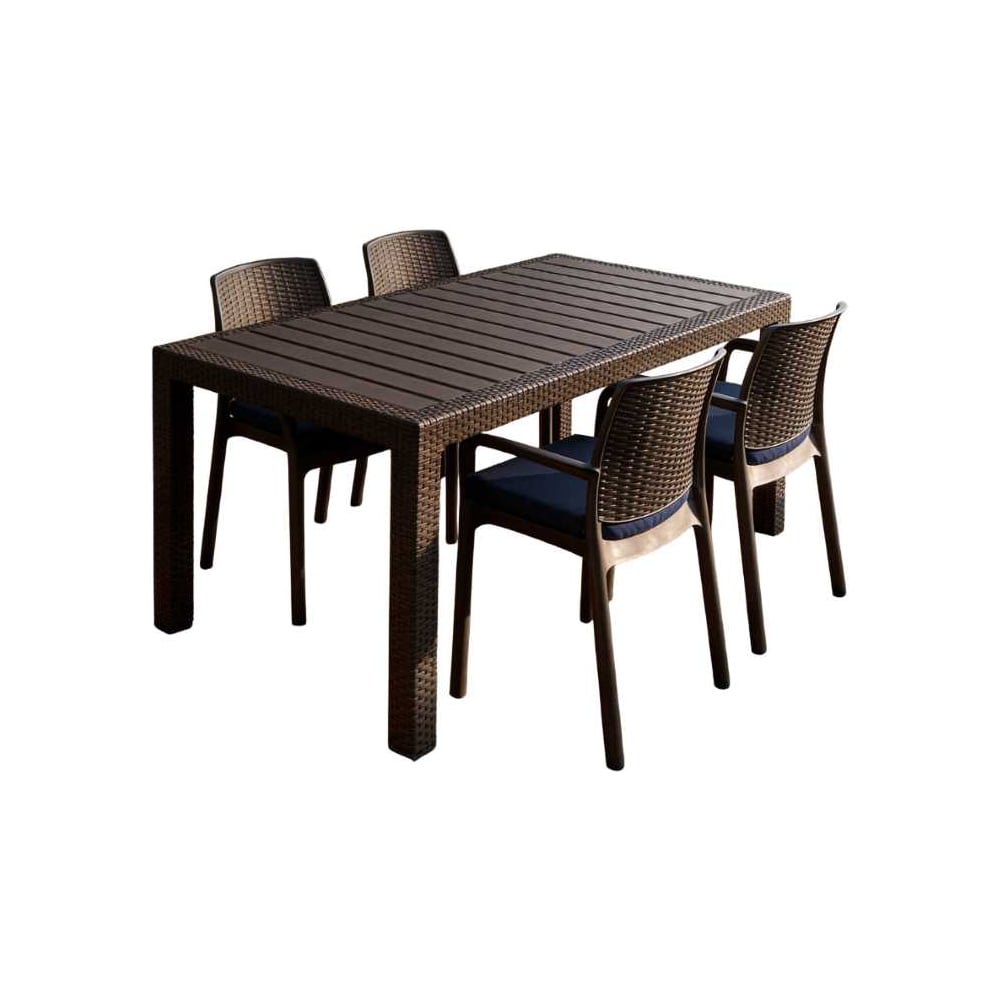 Изображение товара Комплект садовой мебели WORKY HomlyGreen, большой стол 153×79×70 см, 4 стула, цвет мокко, с темно-синими подушками ARD260452