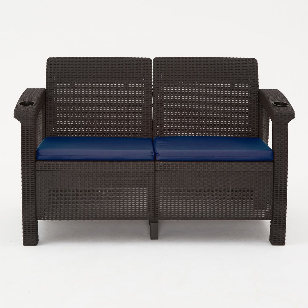 Изображение товара Комплект садовой мебели WORKY HomlyGreen (2-местный диван + кофейный стол 94×94×74 см), мокко, темно-синие подушки ARD259267