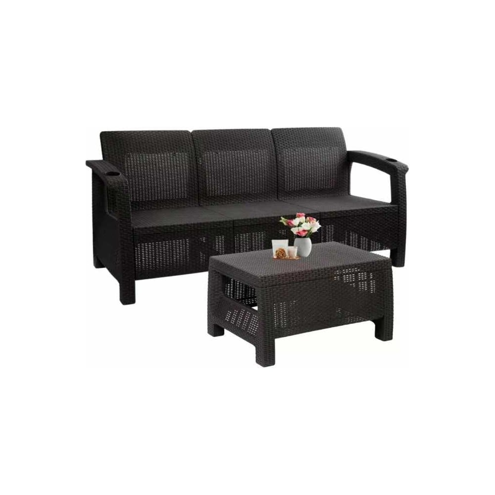 Изображение товара Комплект садовой мебели WORKY HomlyGreen (3-местный диван + стол 94×94×74 см), мокко, бордовые подушки ARD259258