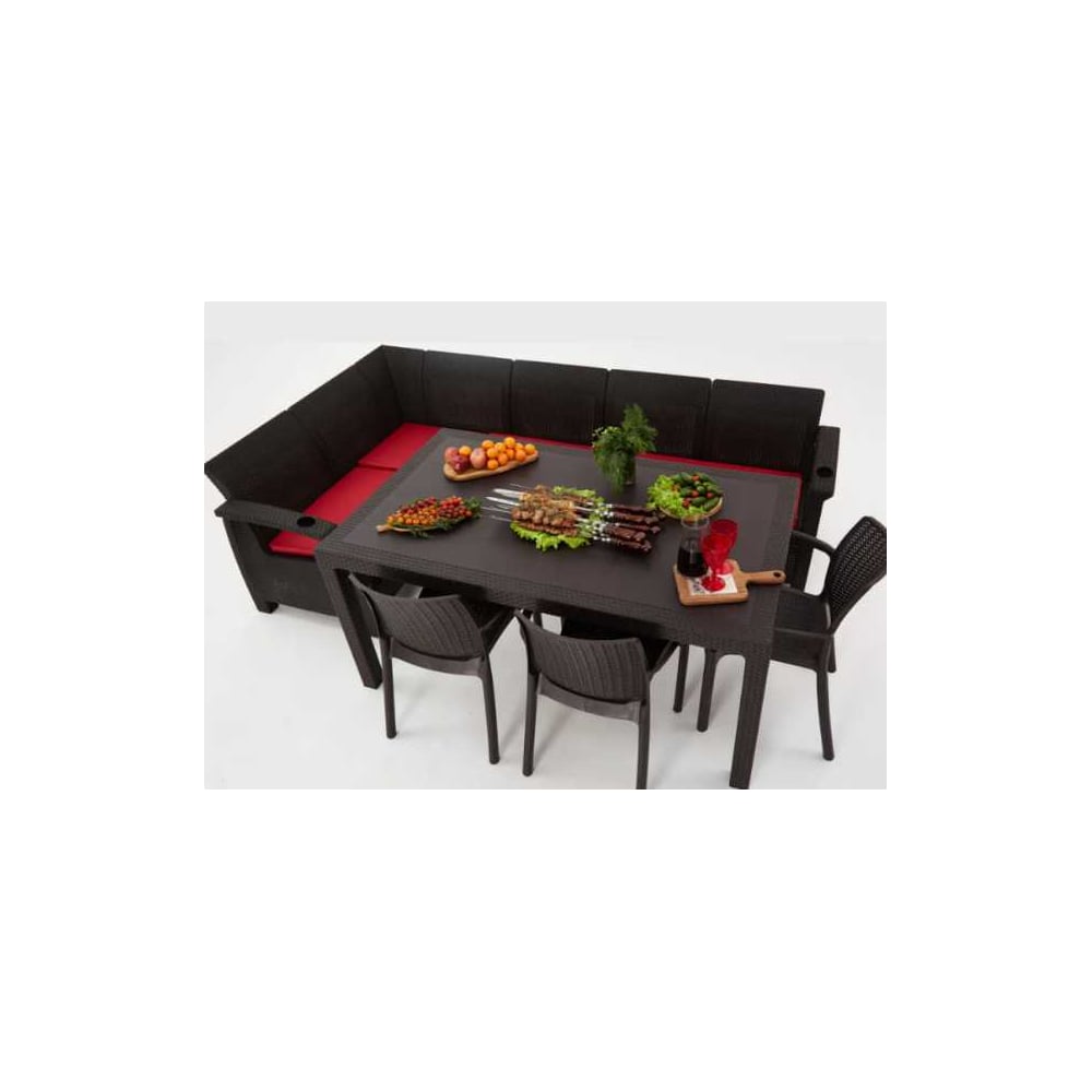 Изображение товара Комплект садовой мебели WORKY HomlyGreen 5+3 стула+обеденный стол 153×79 см, с комплектом бордовых подушек ARD260258