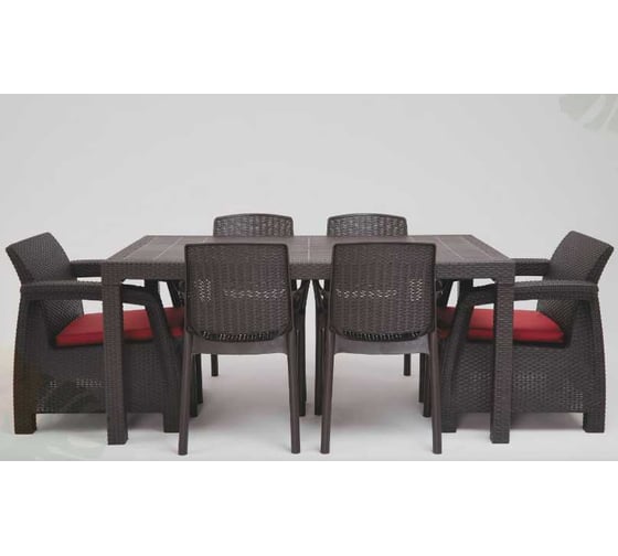 Изображение товара Комплект садовой мебели WORKY HomlyGreen 1+1+4 стула+обеденный стол 153×79 см, с комплектом бордовых подушек ARD259386