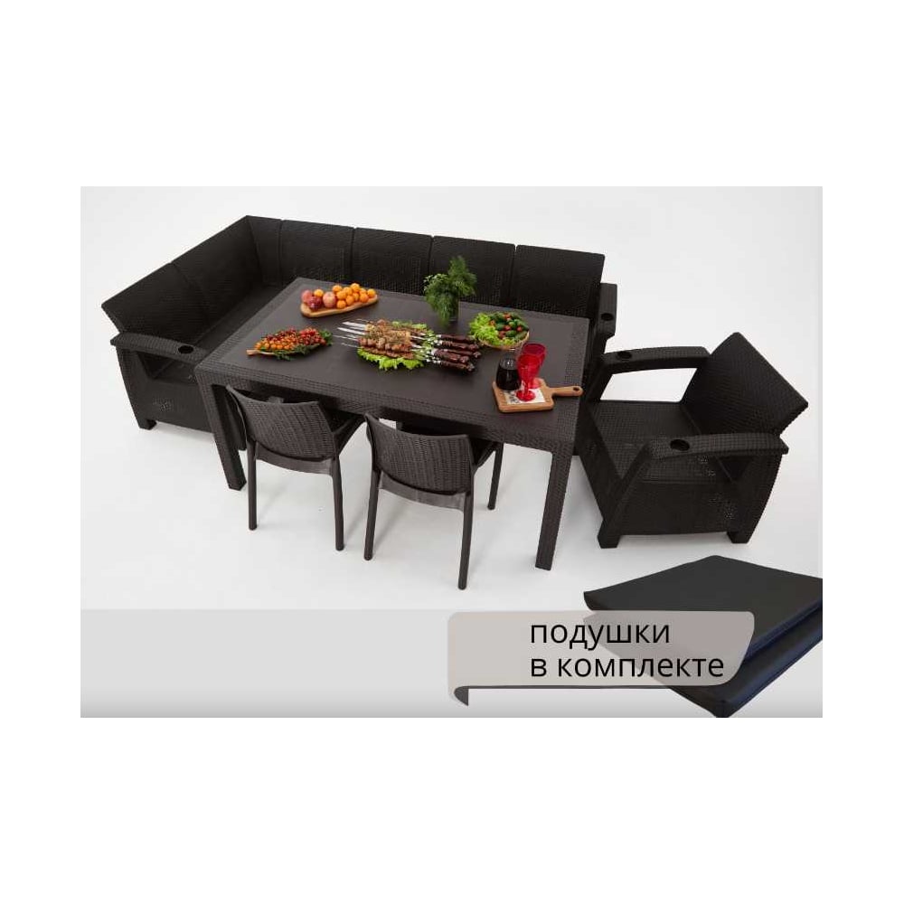 Изображение товара Комплект садовой мебели WORKY HomlyGreen 5+1+2 стула+обеденный стол 153×79 см, с комплектом черных подушек ARD259357