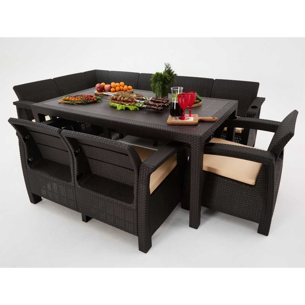 Изображение товара Комплект садовой мебели WORKY HomlyGreen 5+2+1+обеденный стол 153×79 см, с комплектом темно-синих подушек ARD259399