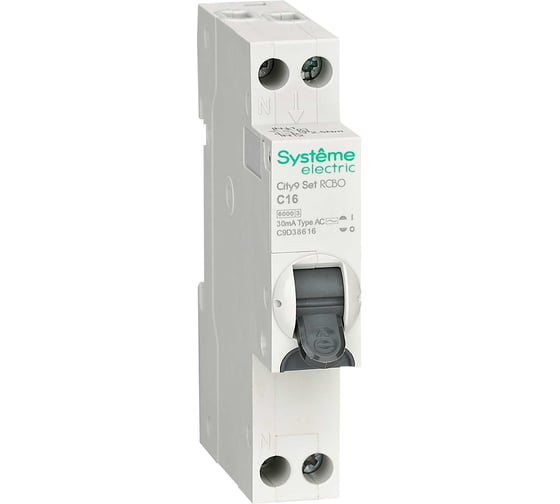 Изображение товара Автоматический выключатель дифференциального тока (АВДТ) Systeme Electric City9 1П+Н C16 6000A 30мА AC 18мм C9D38616