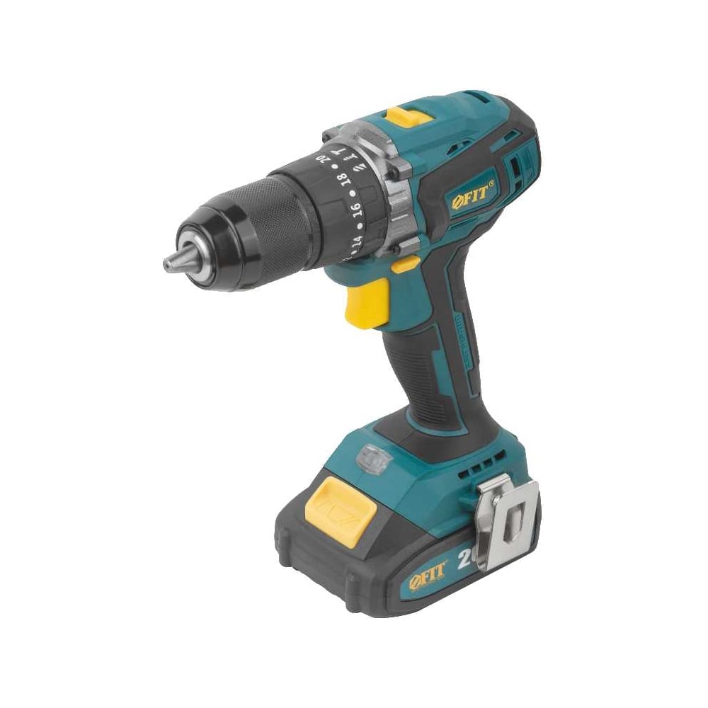 Изображение товара Дрель-шуруповерт FIT аккумуляторная, 20В, 0-400/1600об/мин, 55Нм, 2 (Li-Ion) 2,0Ач, 1 ч., бесщеточный, рез. накл., кейс 79903