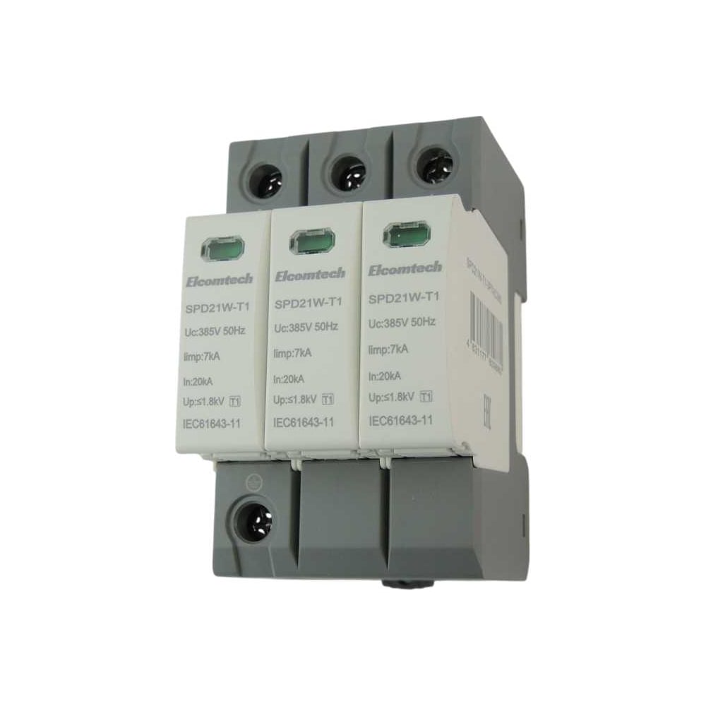 Изображение товара Устройство защиты импульсных перенапряжений ELCOMTECH T1 3P 50kA 385V SPD21W-T1-3P7AC385 УТ-00039118