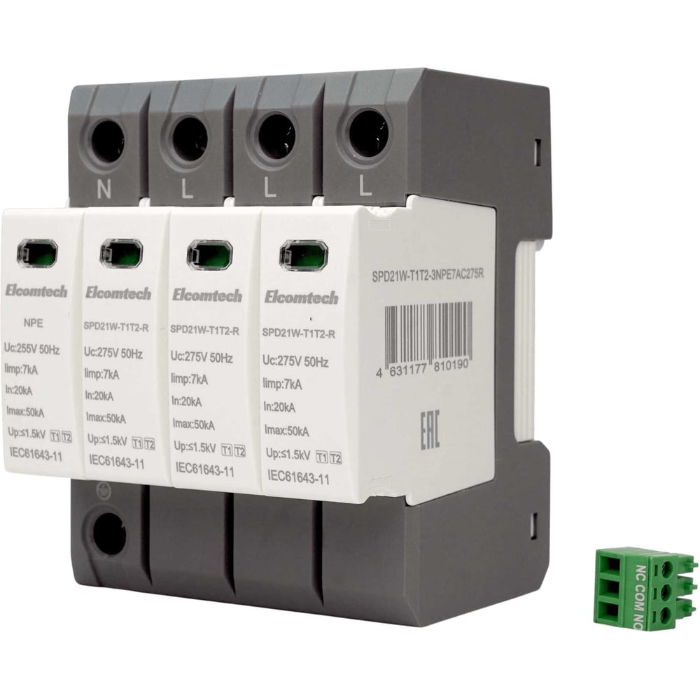 Изображение товара Устройство защиты импульсных перенапряжений ELCOMTECH T1T2 3+NPE 50kA 275V SPD21W-T1T2-3NPE7AC275R УТ-00039149