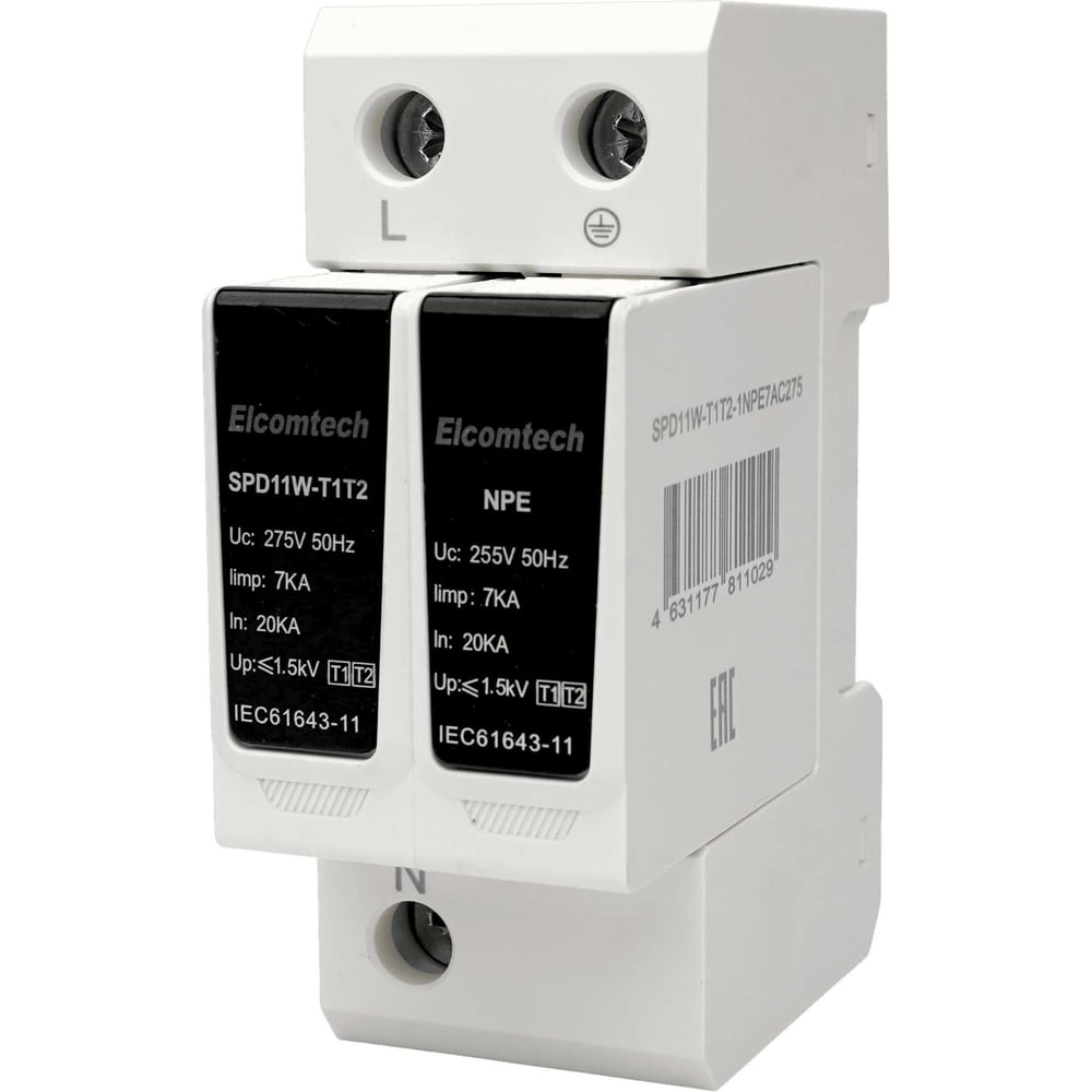 Изображение товара Устройство защиты импульсных перенапряжений ELCOMTECH SPD11W-T1T2-1NPE7AC275 50кА 275В