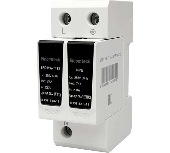 Изображение товара Устройство защиты импульсных перенапряжений ELCOMTECH T1T2 1+NPE 50kA 275V SPD11W-T1T2-1NPE7AC275 УТ-00039232