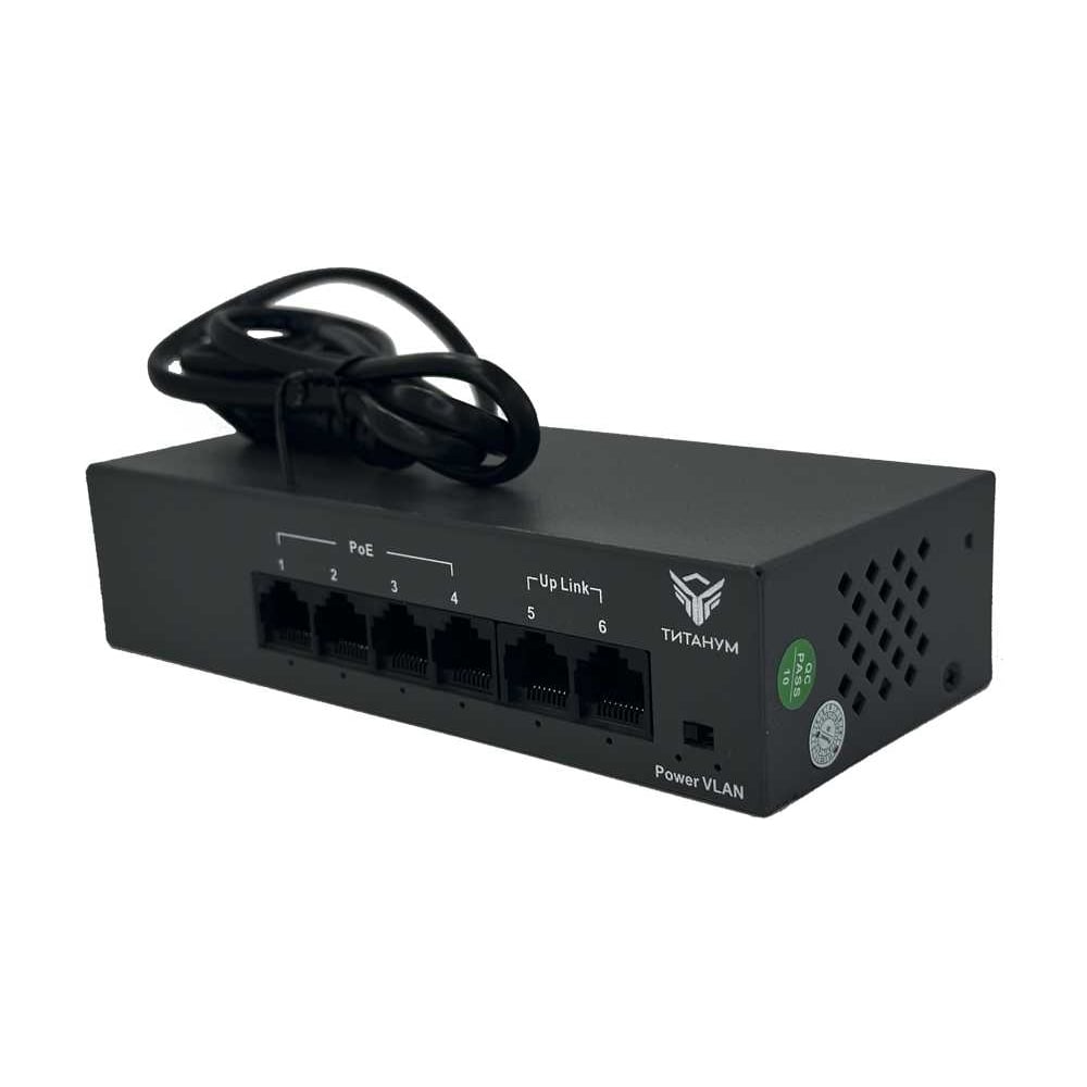 Изображение товара Коммутатор неуправляемый ТИТАНУМ TM042-02, 4 RJ45 10/100 Мбит/с PoE+2 Uplink 10/100 Мбит/с (55 Вт), ЭТ-00000010