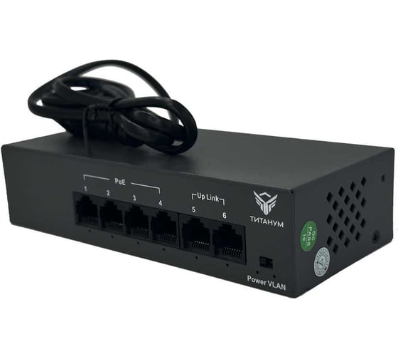 Изображение товара Коммутатор неуправляемый ТИТАНУМ TM042-02, 4 RJ45 10/100 Мбит/с PoE+2 Uplink 10/100 Мбит/с (55 Вт), ЭТ-00000010