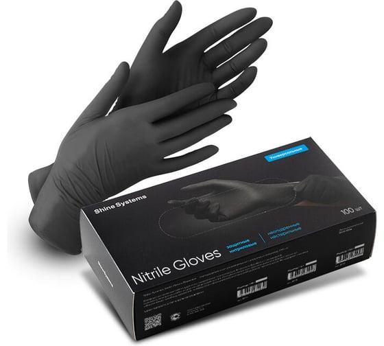 Изображение товара Перчатки защитные нитриловые неопудренные Shine systems Nitrile Gloves, размер XL, черные, 100 шт (50 пар) SS412