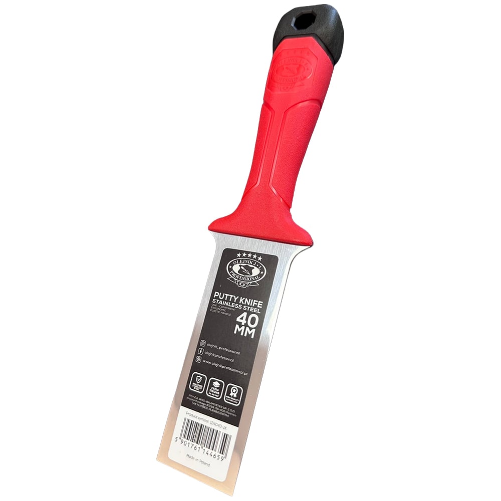 Изображение товара Шпатель малярный Olejnik закал.нерж.сталь 40мм с эргоном. пласт. ручкой, лезвие 1,22-0,4мм 124040-1K