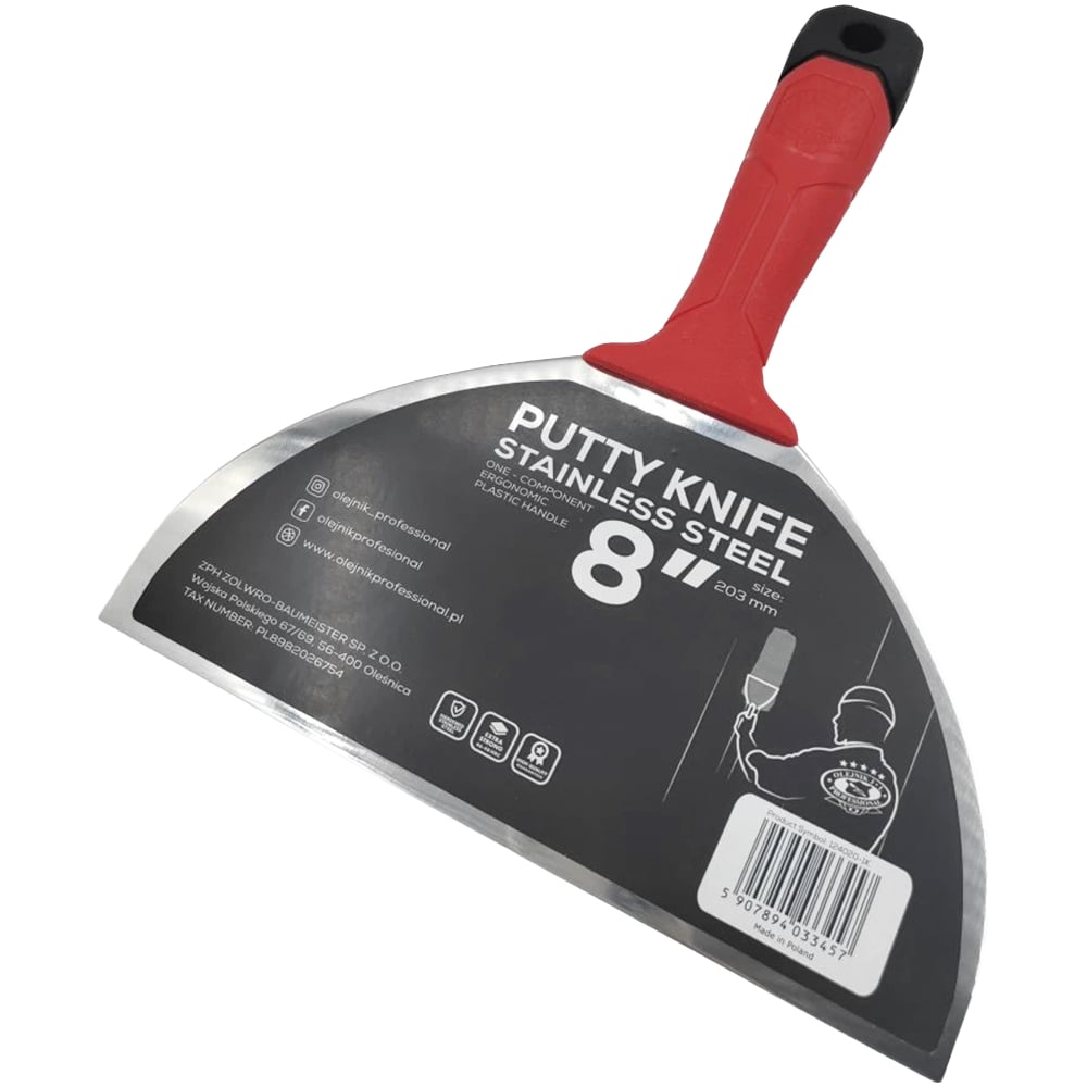 Изображение товара Шпатель малярный Olejnik закал.нерж.сталь 200мм с эргоном.пласт. ручкой, лезвие 1,22-0,4мм 124020-1K