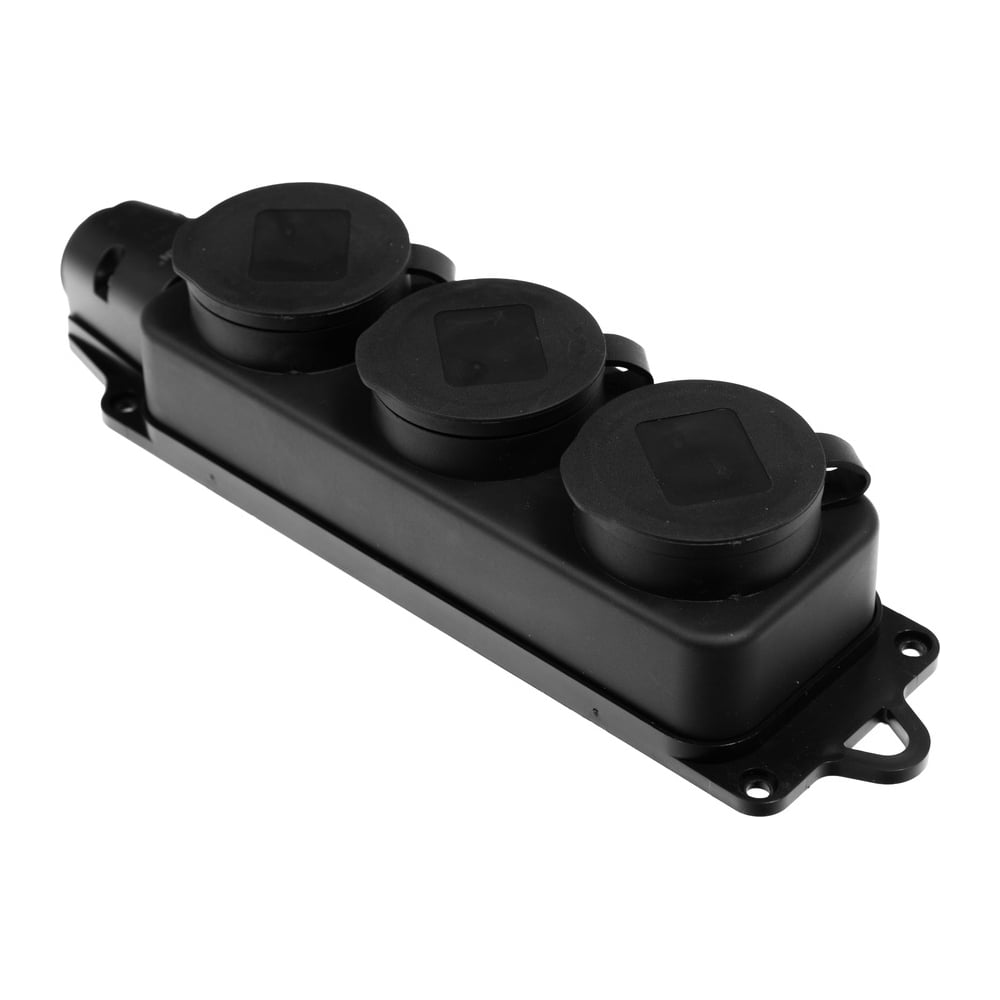 Изображение товара Колодка штепсельная с защитной крышкой каучуковая 3-х местная черная с/з IP44 Volsten S1-M3Z Black 15993